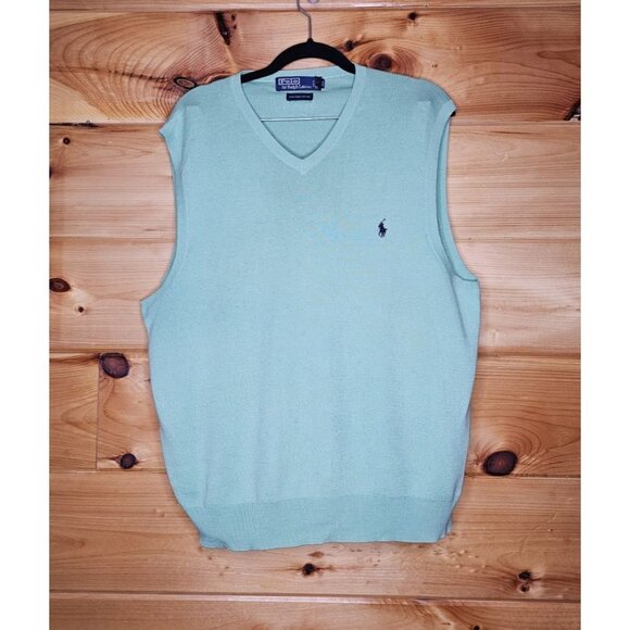 Polo Ralph Lauren Mens M Pullover 100% Cotton V Neck Vest Mint Green - Picture 1 of 11